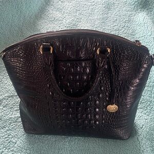 Brahmin Black Croc-Embossed Satchel with Gold Accents